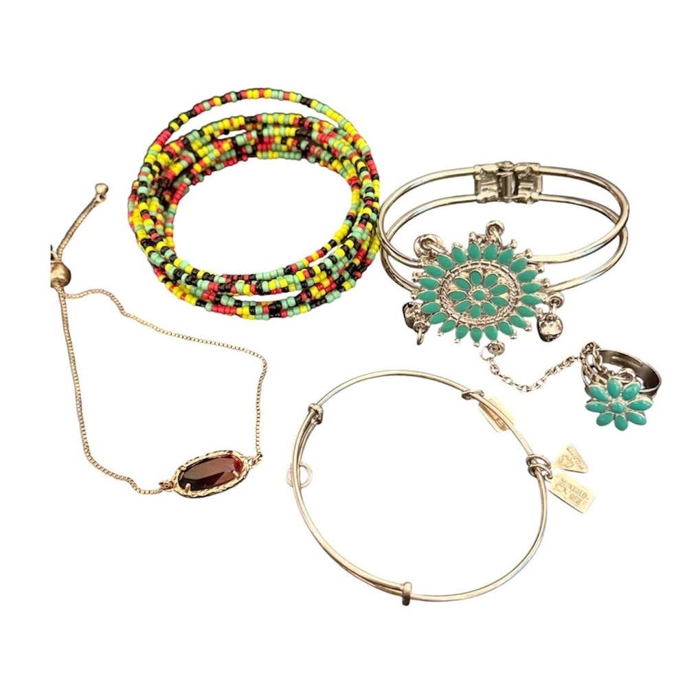 Silvertone Seed Bead Wrap Bolo Bracelet and Turquoise Slave Ring Set